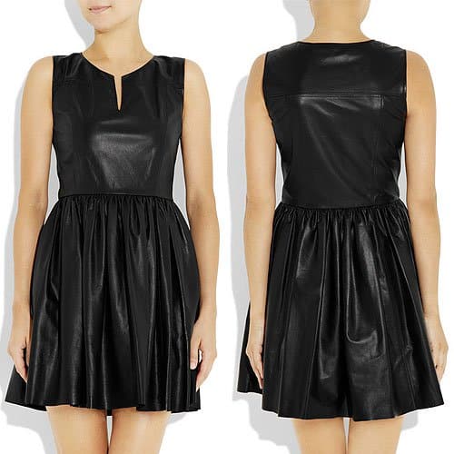 Thakoon leather mini dress Thakoon's leather mini dress presents a striking study in contrasts, pairing a sharp, sleeveless bodice with a playfully pleated skirt for a look that is both architectural and effortlessly chic