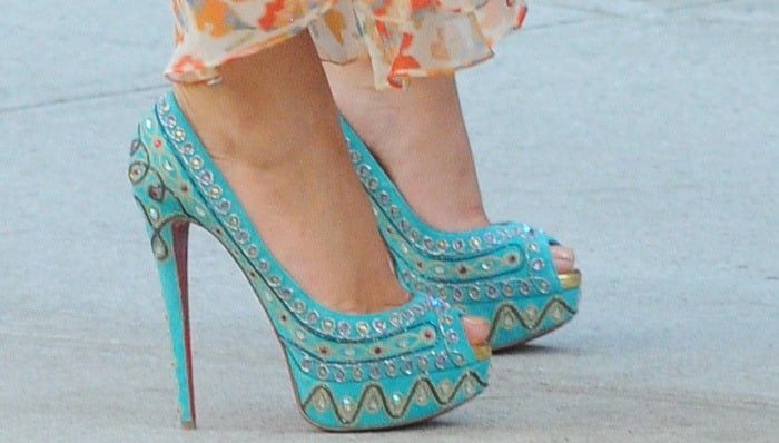 Blake Lively steps out in aqua Christian Louboutin “Bollywoody” platform pumps embroidered with swirling beadwork and finished with towering stiletto heels