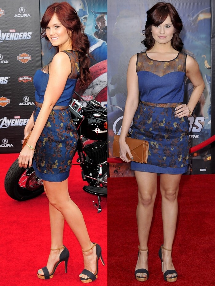 Debby Ryan stuns on the red carpet in a chic sheer-paneled Timo Weiland dress paired with navy platform sandals, completing her look with soft waves and a matching clutch