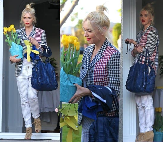 Gwen Stefani leaves her parents house after celebrating Easter Sunday with her family Hollywood A fashion-forward Easter: Gwen Stefani rocks mismatched stripes and houndstooth, exemplifying her signature style, after a family gathering