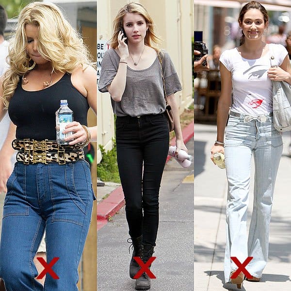 Jean donts for petites DON'T: paunch-creating, waist-hiding, and curve-flattening high-waisted jeans
