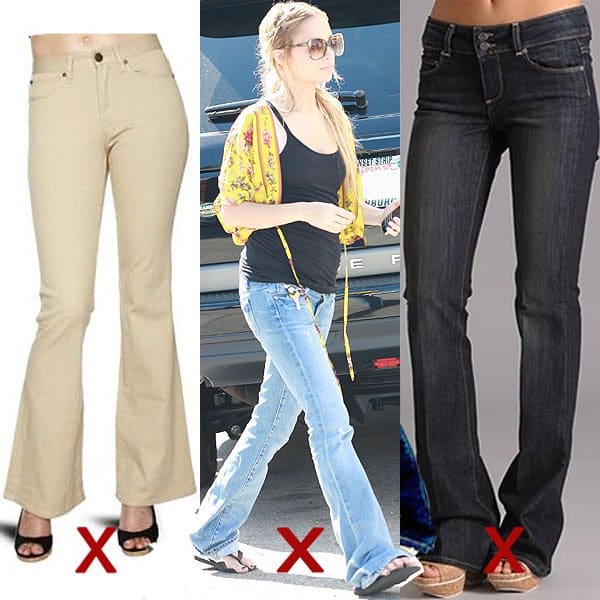 Jean donts for petites DON'T: too wide boot cuts and too short or too long hem length