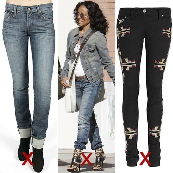 Jean donts for petites DON'T: leg cuffs, too long and bunched up hems, and big embellishments
