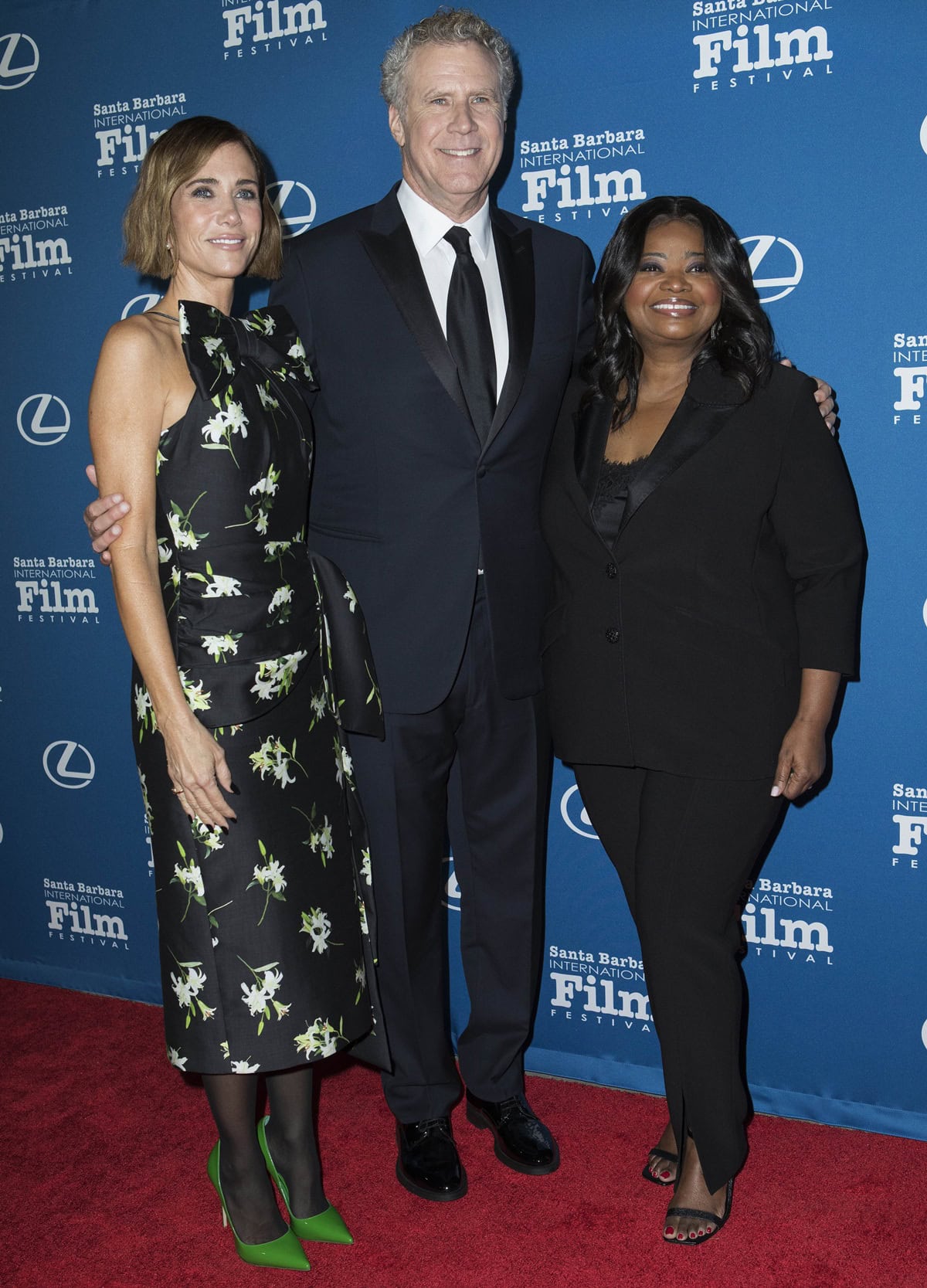 Kristen Wiig pairs bold green pumps with a floral black dress, joining Will Ferrell in a classic tux and Octavia Spencer in a sleek black suit with peep-toe heels at the 40th Annual Santa Barbara International Film Festival honoring Ferrell with the 17th Kirk Douglas Award at the Ritz-Carlton Bacara Resort Spa on December 11, 2024