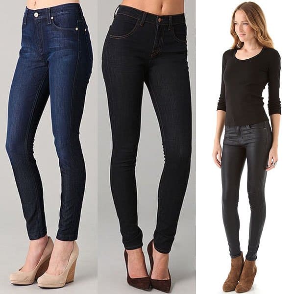Petite high waisted jeans DO: actual above-the-waist high waists, dark colors, and monochromatic outfits