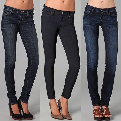 Petite skinny and straight jeans DO: dark washes, ankle-length or longer hems, and stretchy fabric for that seamless no-break look