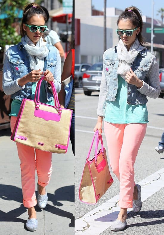 Jessica Alba carrying a Rebecca Minkoff leather-trimmed straw diamond tote in neon pink Jessica Alba sported a casual chic look during her lunch, featuring J Brand coral mid-rise skinny jeans, a Jet by John Eshaya denim jacket with sweatshirt sleeves, Toms glitter slip-on shoes, and a Rebecca Minkoff leather-trimmed straw diamond tote