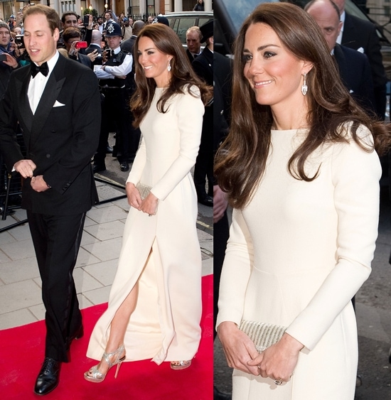 Kate Middleton in Jimmy Choo Catherine, Duchess of Cambridge (Kate Middleton), arrives at Claridge’s Hotel in London on May 8, 2012, wearing a floor-length Roland Mouret gown with a thigh-high slit, revealing her champagne glitter Jimmy Choo “Vamp” platform sandals