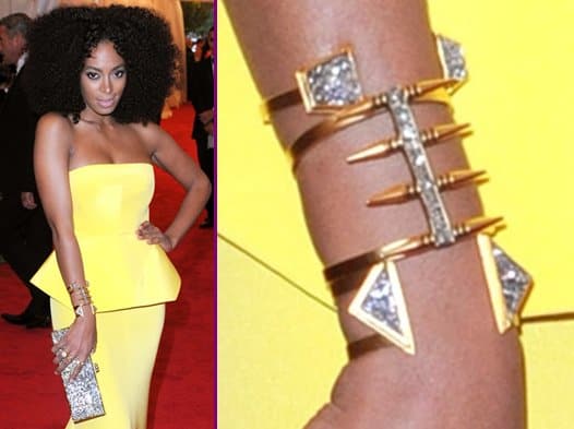 Solange Knowles Schiaparelli and Prada 'Impossible Conversations' Costume Institute Gala 2012 at The Metropolitan Museum of Art Solange Knowles wears Lady Grey jewelry with a bright yellow strapless Rachel Roy gown at the "Schiaparelli And Prada: Impossible Conversations" Costume Institute Gala