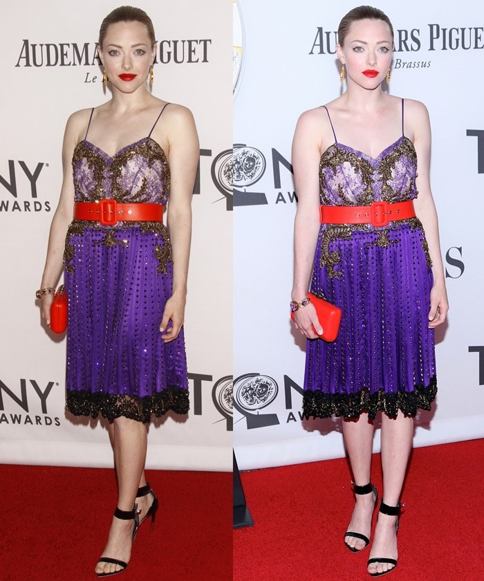 Amanda Seyfried elevated her jewel-toned Givenchy dress with black “Shark Tooth” ankle-strap sandals, letting the sculptural heels add edge to her vibrant look at the 2012 Tony Awards