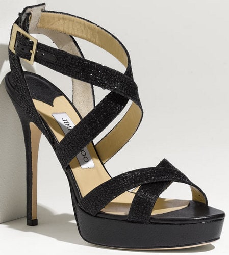 Jimmy Choo Vamp in Black Glitter $750 Black Glitter Jimmy Choo 'Vamp' Sandals
