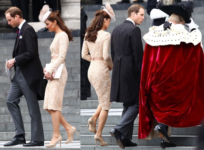 Kate Middleton exudes timeless elegance in a peach lace Alexander McQueen dress paired with nude L.K. Bennett pumps and a Jane Taylor cocktail hat for the Queen's Diamond Jubilee service