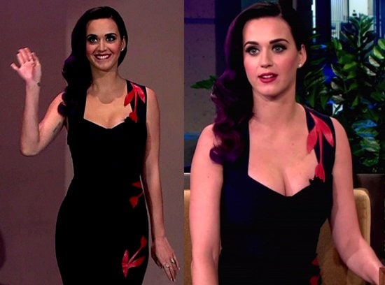 Katy Perry in Giuseppe Zanotti Katy Perry shows off her purple hair while making an appearance on The Tonight Show with Jay Leno