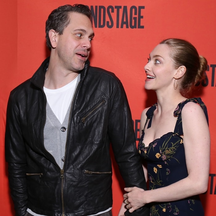 Thomas Sadoski and wife Amanda Seyfried pose at The Second Stage Theater 40th Birthday Gala