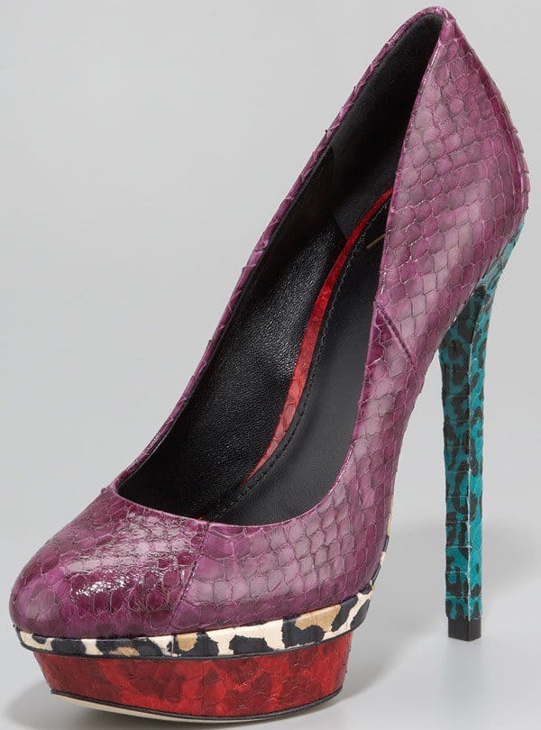 B Brian Atwood Fontanne platform pumps in purple multi, featuring a mixed-texture snakeskin upper, leopard-print platform, and sky-high stiletto heel