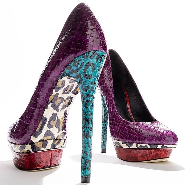 B Brian Atwood Fontanne B Brian Atwood Fontanne platform pumps in purple multi, featuring a mixed-texture snakeskin upper, leopard-print platform, and sky-high stiletto heel