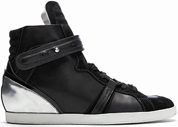 Barbara Bui black leather high-top sneakers with a concealed wedge heel and mirrored metallic panel