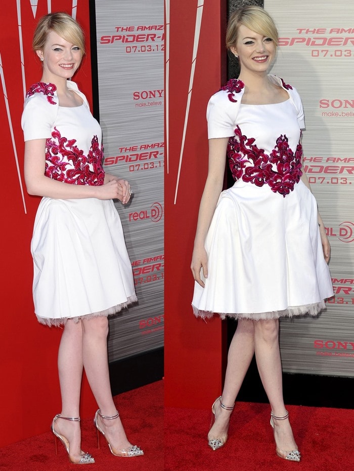 Emma Stone wearing a beautiful white Chanel dress with red detailing