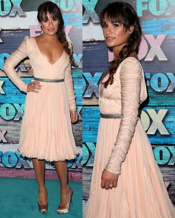 Lea Michele stuns in a light pink, pleated tea-length dress from Emilio Pucci paired with blush satin Brian Atwood platform pumps at the FOX All-Star Party