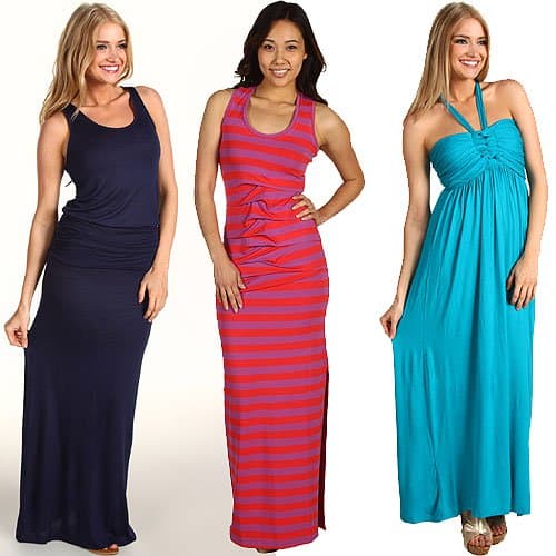 Maternity maxi dresses A showcase of maxi dresses with pleating and gathering details, ideal for maternity wear, including Soft Joie 'Wilcox', Nicole Miller 'Tidal Wave', and Type Z 'Liliana'