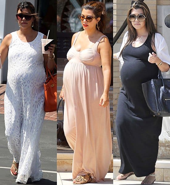 Pregnant Kourtney Kardashian in maxi dresses Kourtney Kardashian showcases three distinct maternity maxi dress styles: a white lace dress paired with an orange tote for a breezy daytime look, a blush pink empire-waist dress styled with gold accessories and sandals for a chic yet comfortable outfit, and a black fitted maxi layered with a white cardigan and oversized sunglasses