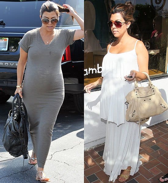 Pregnant Kourtney Kardashian in maxi dresses Kourtney Kardashian demonstrates how to style maternity maxi dresses with a casual yet polished approach, pairing a fitted gray t-shirt dress with sandals for a streamlined look and a flowy white layered dress with oversized sunglasses and a neutral handbag
