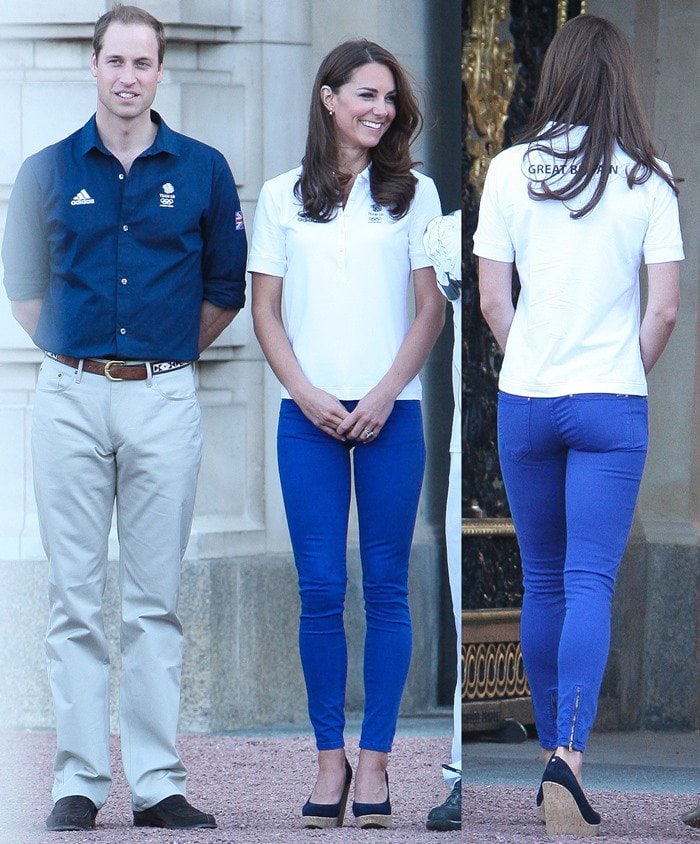 Kate Middleton wears a pair of Stuart Weitzman wedges with her polo-and-skinny-pants ensemble