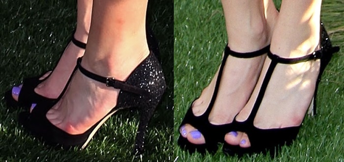 Bella Thorne's turquoise pedicure perfectly complements her sparkling black Miu Miu T-strap sandals