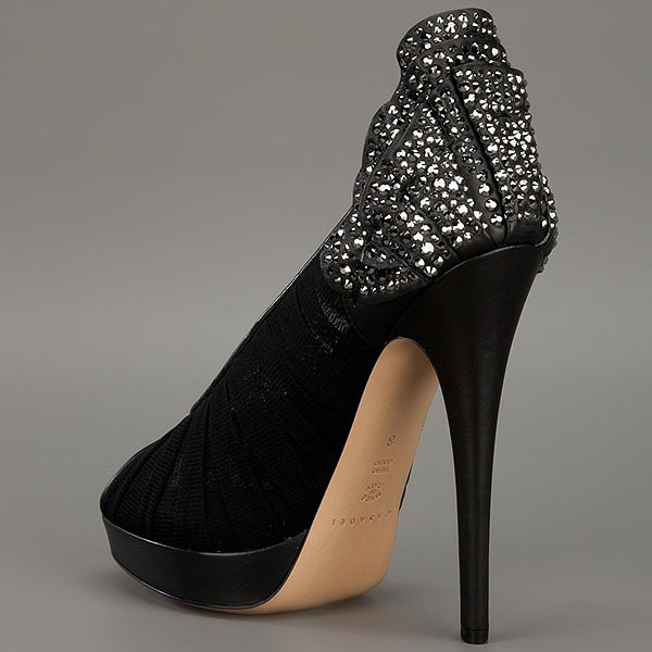 Casadei diamanté leather flower petal heel pleated pump Casadei Crystallized Petal Heel Pleated Pump