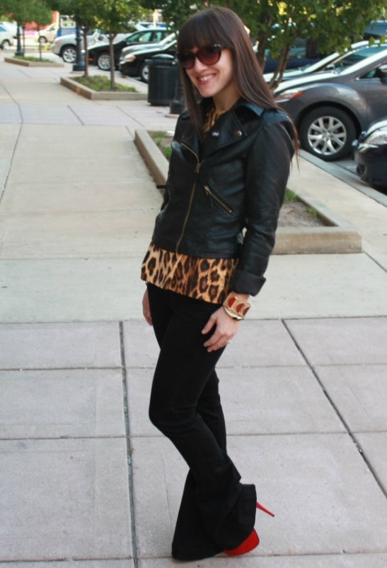 Lisa rocking black bell-bottoms and super cool leopard print peplum top