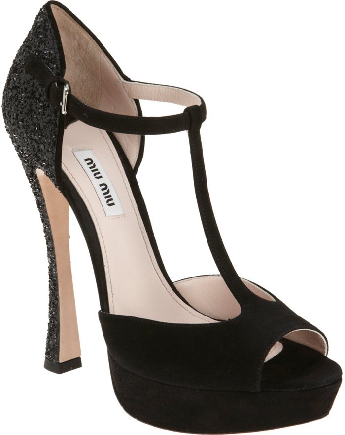 Miu Miu Glitter Heel T-Strap Sandal