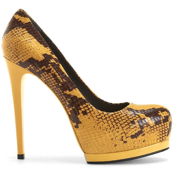 Pour La Victoire Zimmer Yellow Snakeskin Pour La Victoire “Zimmer” Platform Pumps featuring a sculpted stiletto heel and contrasting platform sole