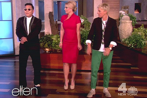 Britney Spears learns Gangnam Style Psy demonstrates the “Gangnam Style” dance alongside Britney Spears and Ellen DeGeneres during Spears’ appearance on The Ellen DeGeneres Show