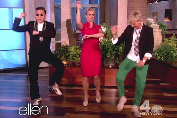 Britney Spears learns Gangnam Style Britney Spears joins Psy and Ellen DeGeneres onstage as they perform the viral “Gangnam Style” choreography together during the lively daytime talk show segment