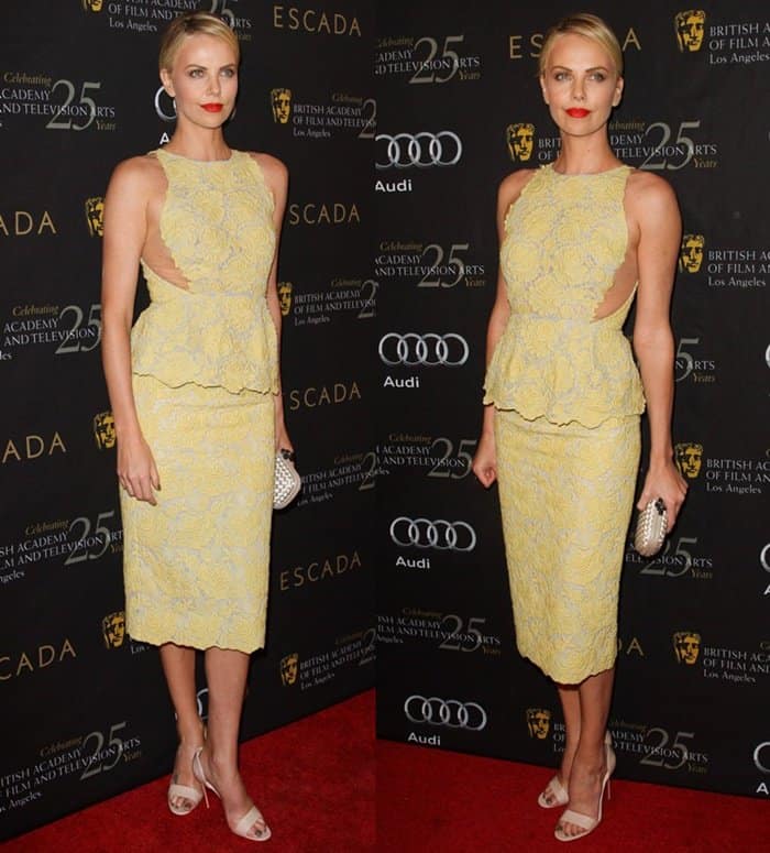 Charlize Theron shines in a vibrant yellow hue, making a bold and unforgettable statement at the BAFTA Los Angeles 18th Annual Awards Season Tea Party