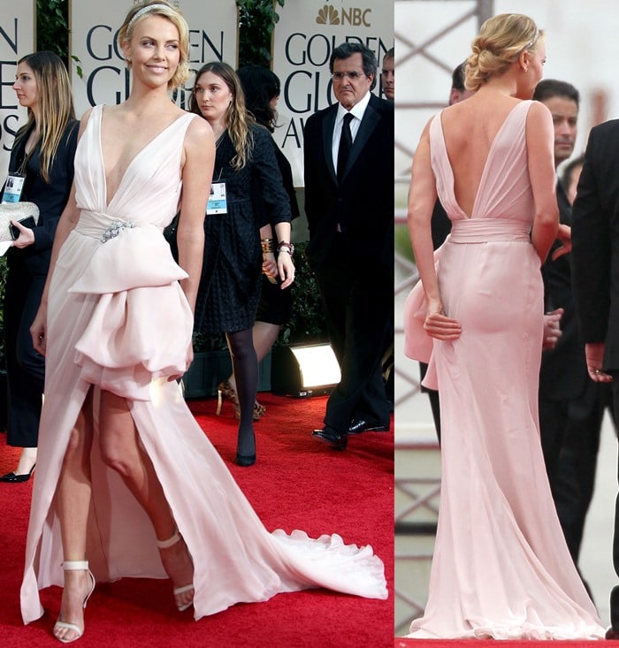 Charlize Theron wears a pair of Givenchy Spring 2012 sandals with a sweet Dior high-low dress while attending the 69th Annual Golden Globe Awards (Golden Globes 2012) held at The Beverly Hilton Hotel in Los Angeles on January 15, 2012