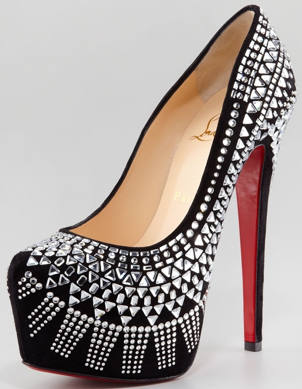 Christian Louboutin Decorapump 160mm platform pump in black suede, covered in geometric crystal embellishments and finished with a towering 6.25-inch stiletto heel and signature red sole