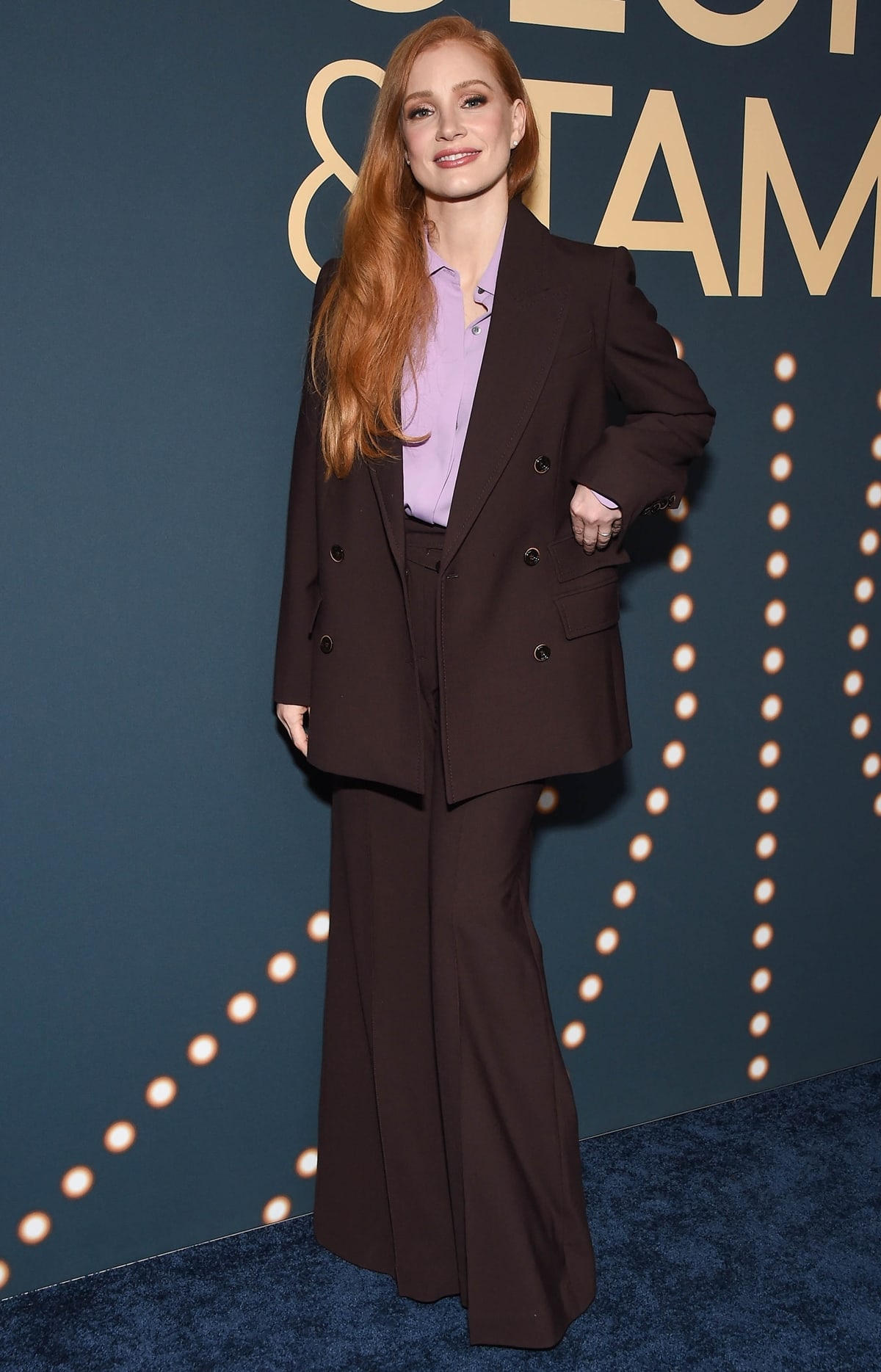 Jessica Chastain, the executive producer and star of "George Tammy," looked stylish in a professional outfit designed by Elizabeth Stewart at Showtime's Emmy FYC event