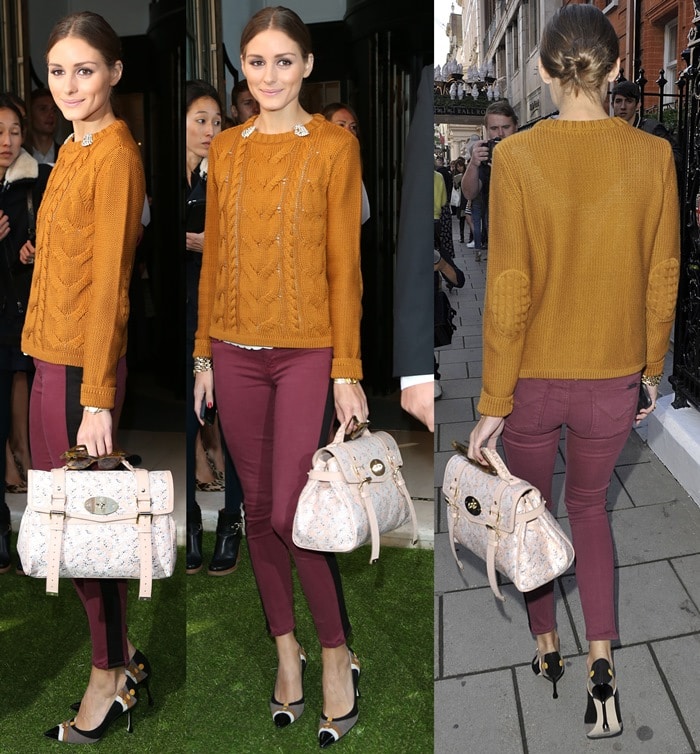 Olivia Palermo paired a burnt orange textured sweater with aubergine skinnies