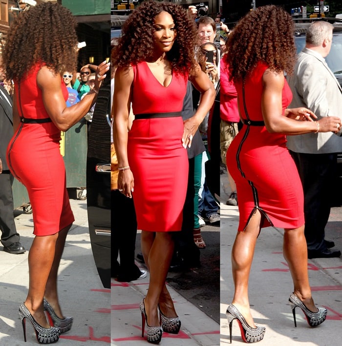 Serena Williams in a red belted textured wool-blend dress by Victoria Beckham