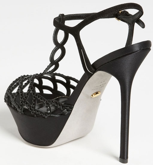 Sergio Rossi Crystal Vague Black Plush suede dotted with Swarovski crystals shapes a breezy sandal with a high heel and platform, both wrapped in lustrous satin