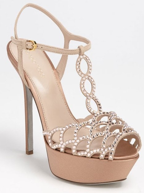 Sergio Rossi Crystal Vague Nude Plush suede dotted with Swarovski crystals shapes a breezy sandal with a high heel and platform, both wrapped in lustrous satin