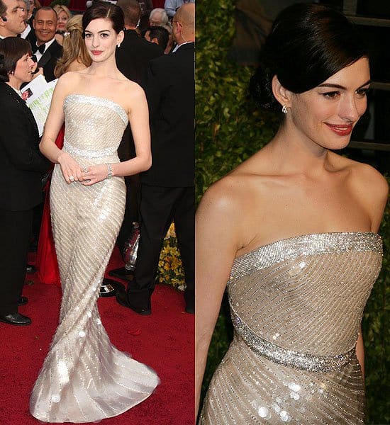 Capturing the spotlight, Anne Hathaway is a vision in an Armani Privè creation at the Academy Awards
