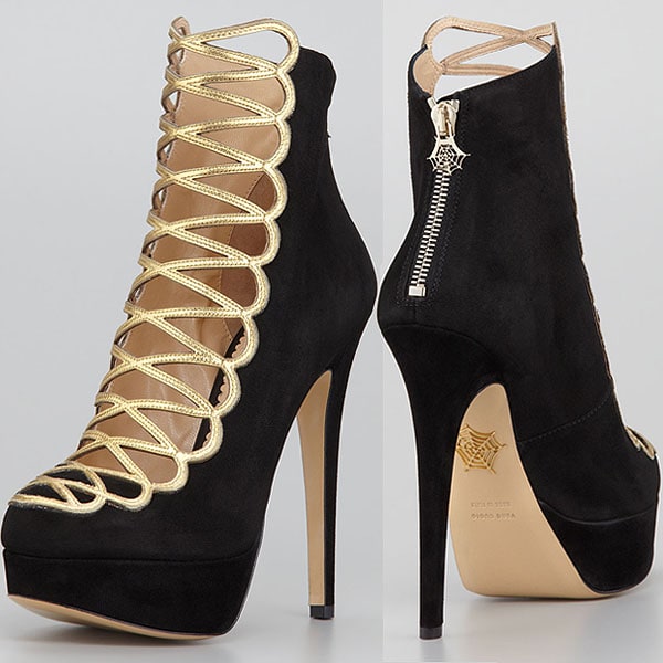 Charlotte Olympia Zena Unlike the waist-cinching straps of a corset, the metallic leather details of this Charlotte Olympia ankle boot are meant to be seen