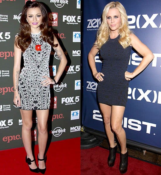 Cher Lloyd vs Jenny McCarthy Fashion Face-off: Cher Lloyd adds a playful touch to the RVN geo-textured knit mini dress with black Mary Jane pumps, while Jenny McCarthy gives it an edgy twist with sleek black wedge booties