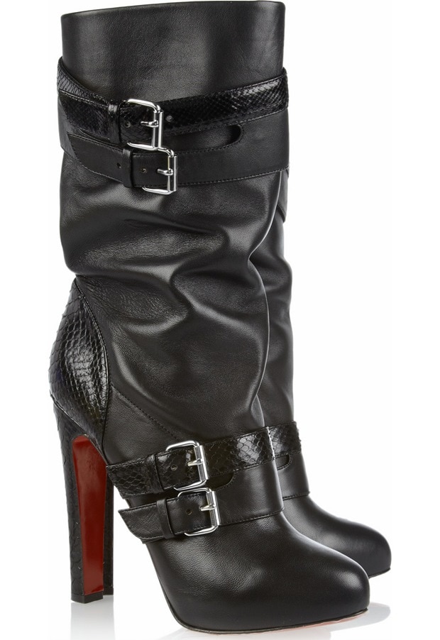 Christian Louboutin’s “Loubi Bike 140” boots combined slouchy black leather with glossy python-textured detailing and bold double-buckle hardware for a rugged-meets-luxury finish