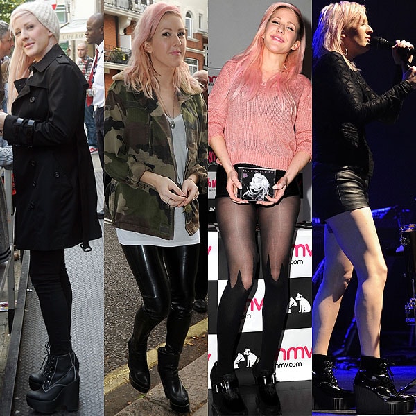 Ellie Goulding and big black boots Ellie Goulding at the BBC Radio 1 studios London, England on August 9, 2012; at the BBC Maida Vale studios in London, England on October 2, 2012; at HMV Manchester in Manchester, England on October 8, 2012; at The Sound Academy in Toronto, Canada on October 14, 2012