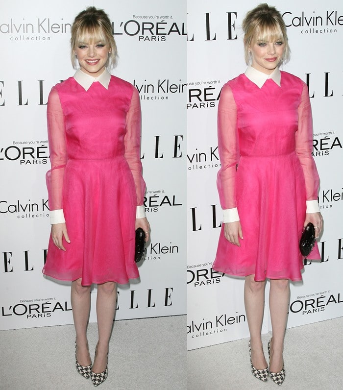 Emma Stone looks retro-chic in a hot-pink Valentino dress with sheer sleeves, a crisp white collar, and houndstooth Salvatore Ferragamo pumps at the 2012 ELLE Women in Hollywood Celebration