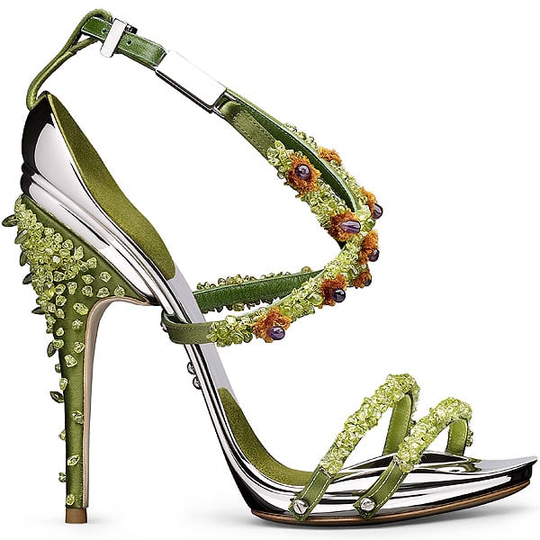 Gianluca Tamburini Poisonneuse The Poisonneuse sandal dazzles in acid green satin, embellished with clustered crystals, beaded florets, and a spiked heel that evokes botanical danger