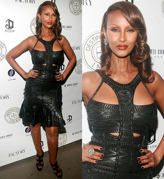 Iman The Destination IMAN Website Launch Party Iman captivates in a bondage-inspired black leather dress, redefining elegance at the Destination IMAN launch in NYC, September 7, 2012
